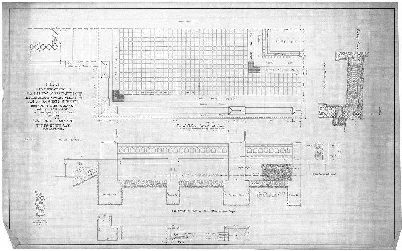 Plan, Plan for improvement of Twenty-seventh St. between Allegheny Ave. and Willard St. as a garden street, showing tiling parapet walls and steps on one quarter section of the central terrace. Thirty-eighth Ward, Philadelphia. , 1917 ca.