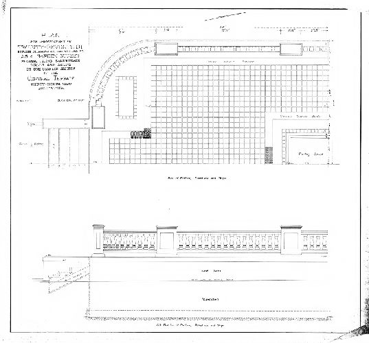 Plan, Plan for improvement of Twenty-seventh St. between Allegheny Ave. and Willard St. as a garden street, showing tiling balustrade walls and steps on one quarter section of the central terrace. Thirty-eighth Ward, Philadelphia. , 1917 ca.