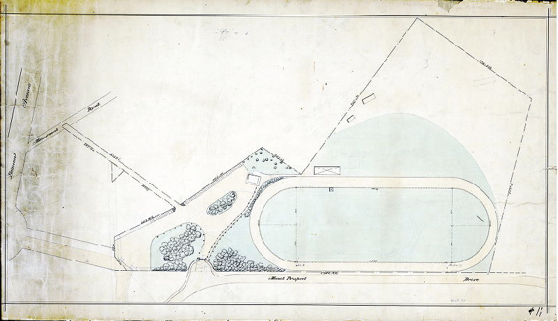 Plan, [No title. Horse trotting or racing track on Mount Prospect Drive adjacent to West Fairmount Park, near the intersection of Belmont Avenue and Monument Road], 1870 ca.