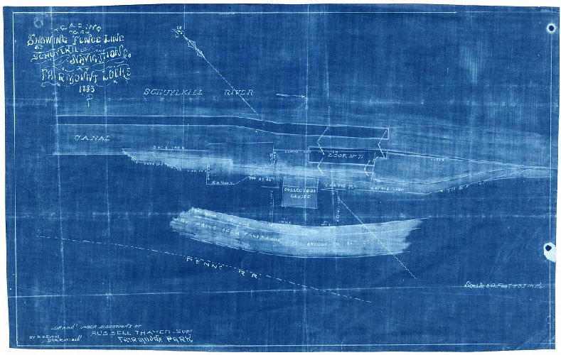 Plan, Tracing showing fence line of Schuylkill Navigation Co. at Fairmount Locks, 1883. Drawn under directions of Russell Thayer, Supt., Fairmount Park, by B. R. Evans, draughtsman., 1883