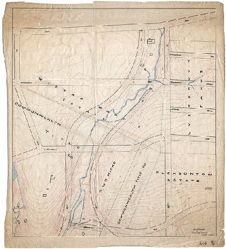 Plan, [No title. On reverse: "Case 1 - Box 9 - 66th St. to 69th St. - City Ave. to Malvern Ave. - Revised street lines" showing curving streets laid out to cover the sewer (never built) that was planned to capture the East Branch of Indian Creek.], 1897