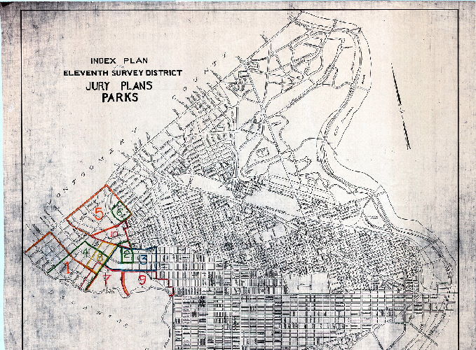 Plan, Index plan of the Eleventh Survey District Jury plans. Parks, 1910 ca.