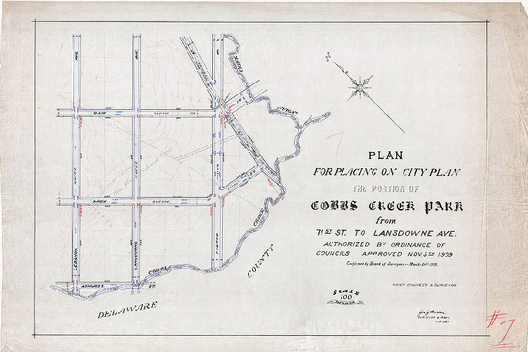 Plan, Plan for placing on city plan the portion of Cobbs Creek Park from 71st St. to Lansdowne Ave. Authorized by ordinance of Councils. Approved Nov. 5th, 1909. Confirmed by board of surveyors, March 21st, 1910. , 1910
