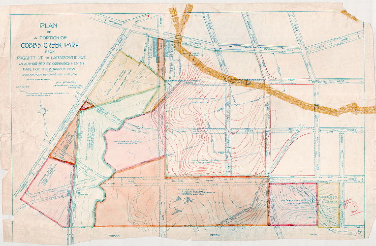 Plan, Plan of a portion of Cobbs Creek Park from Daggett St. to Lansdowne Ave. as authorized by ordinance of Jan 25, 1917. Made for the Board of View. Lines and grades confirmed June 1, 1914. July 10, 1917, 1917