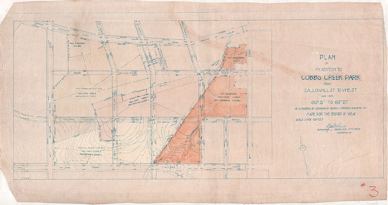 Plan, Plan of an addition to Cobbs Creek Park from Callowhill St. to Vine St. and from 69th St. to 66th St. as authorized by ordinance of Councils approved August 30, 1919. Made for the Board of View, 1919