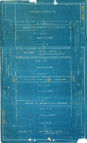 Plan, [No title. Property of Shapiro and Reed, bounded by the Philadelphia, Washington and Baltimore Railroad and Elmwood Ave., 65th to 66th Street, with each section notated with number of lots to be made and their sizes. , 1910 ca.
