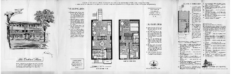 Plan, The Orchard House. The Towne Gardens, Island Road & Turnstone Rd., Philadelphia 42, PA. SA7-8571. [One of four 4-page bifold brochures touting different house styles in the Eastwick Redevelopment area. Price noted in pencil: $12,990], 1961 ca.