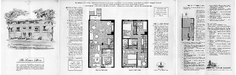 Plan, The Terrace House. The Towne Gardens, Island Road & Turnstone Rd., Philadelphia 42, PA. SA7-8571. [One of four 4-page bifold brochures touting different house styles in the Eastwick Redevelopment area. Price noted in pencil: $14,490], 1961 ca.