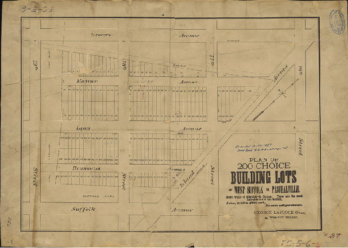 Plan, Plan of 200 choice building lots of West Suffolk or Paschalville. Board walk - 8 minutes - to Station. These are the most desirable lots in the market. Price, $100 to $200 each. Terms to suit purchasers. George Laycock, Owner, 914 Walnut Street. , 1889 ca.
