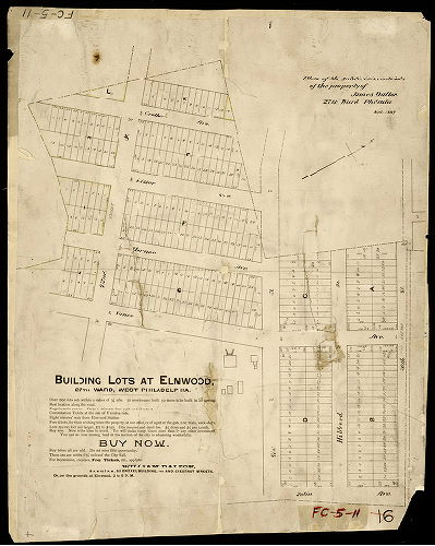 Plan, Building lots at Elmwood, 27th Ward, West Philadelphia. [In ink on lithograph: "Plan of the subdivision into lots of the property of James Dalton. 27th Ward Philada. Sept. 1889"], 1889