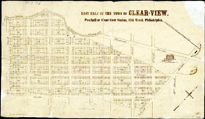 Plan, East half of the town of Clear-View, Paschall or Clear-View Station, 27th Ward. F. Bourquin (lithographer), 31 S. 6th Str., Philada., 1889 ca.