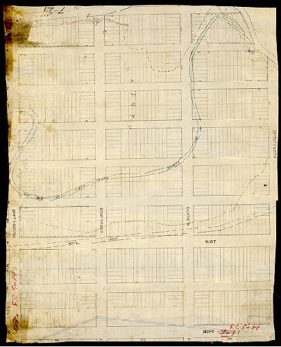 Plan, [No title. Lot subdivision of property between Dicks Avenue and Darby Creek, 79th and 82nd streets. "Old bed of Cobb's Creek - County Line" runs through the plan. Cox's Lane delineated as a dotted line; this was likely the only actual street shown on this plan.], 1880 ca.