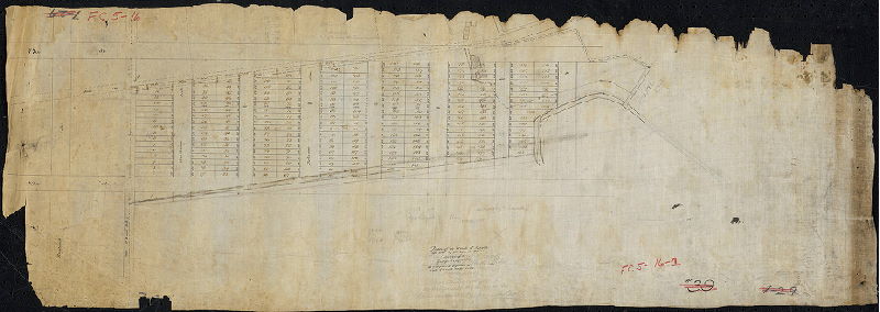 Plan, Plan of a tract of land in the 27th Ward Phila. Belonging to George Laycock as proposed by him to be laid out into streets and lots. [On reverse: Jones [?] the [?] Oct 18[?] [Working plan for Suffolk Lots, see SD7th-FC5-15 and SD7th-FC5-16-2], 1888 ca.