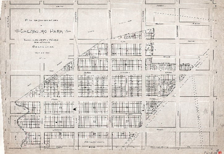 Plan, Plan of building lots of Cherbourg Park, Twenty-seventh Ward (now 40th Ward) Philadelphia [Tracing made in 1911], 1890 ca.
