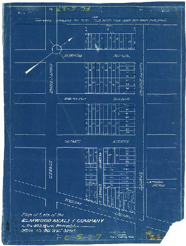 Plan, Plan of lots of the Elmwood Realty Company in the 40th Ward, Philadelphia. Office: No. 1301 Wolf Street. Jos. H. Young, Surveyor, Percy Building, Phila., 1895 ca.