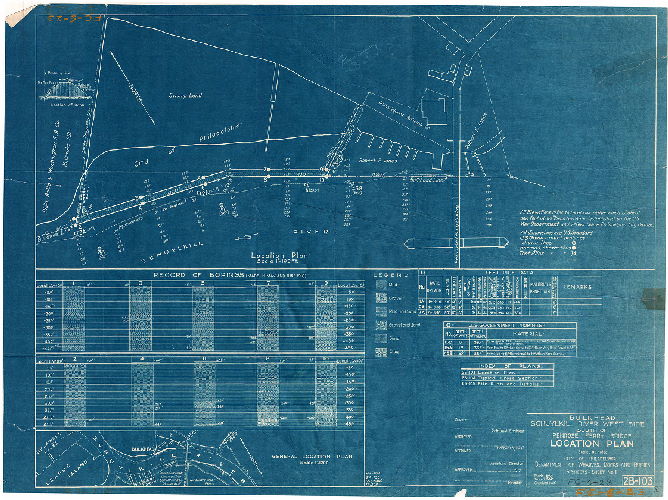 Plan, Bulkhead, Schuylkill River - west side, south of Penrose Ferry Bridge. Location plan [for borings]. Scales as noted. City of Philadelphia, Department of Wharves, Docks and Ferries. 3 sheets - Sheet No. 1. 2B-103, 1919 ca.