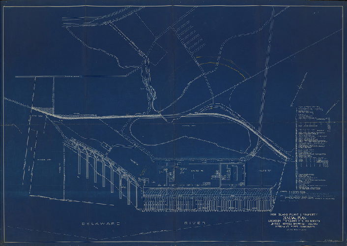 Plan, Hog Island [Shipyard] plant and property, general plan. Location topography & boundries [sic]. United States Shipping Board, Merchant Fleet Corporation. As of May 15, 1930., 1930