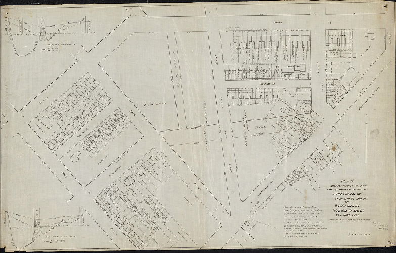 Plan, Plan made for use of a Road Jury in the matter of the opening of Kingsessing Avenue from 42nd to 45th St. and Woodland Avenue from 42nd to 43rd St., 27th Ward, Phila., showing properties affected thereby., 1893