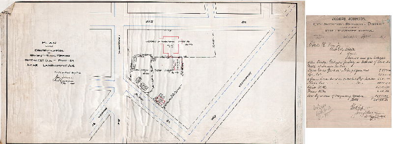 Plan, Plan for the condemnation of property for school purposes. Northwest side of Peach St. near Lansdowne Ave. For use of Road Jury only. [Attached: Report on property value from Joseph Johnson], 1897