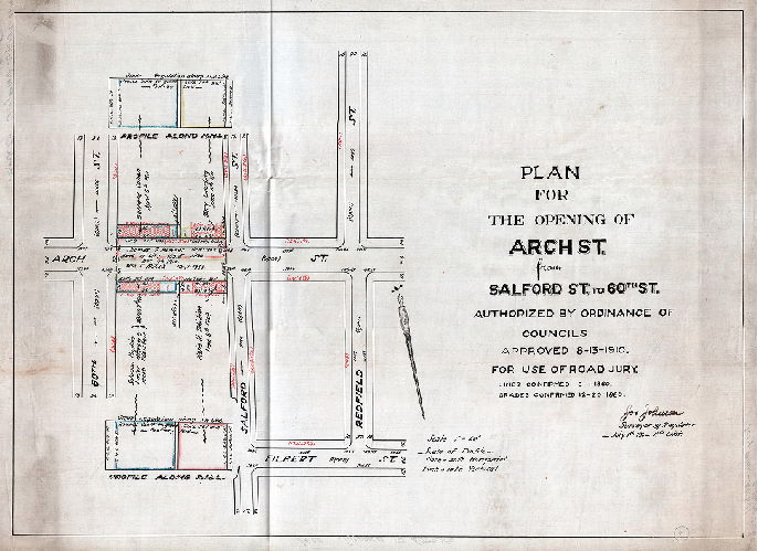 Plan, Plan for the opening of Arch St. from Salford St. to 60th St. Authorized by ordinance of Councils approved 8-13-1910. For use of Road Jury. Lines confirmed 8-11-1860. Grades confirmed 12-20-1880. , 1911