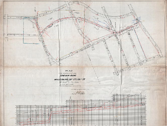 Plan, Plan of the construction of sewer (Indian Run) in Malvern Ave., 68th St., & 66th St. from 68th St. to City Ave. For use of Road Jury only. Authorized by ordinance of Councils approved July 19, 1902. Lines & grades confirmed 8-21-1899 & 12-9-1892., 1904