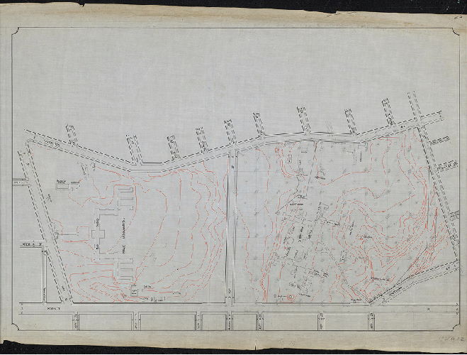 Plan, [No title. Topographic plan of Pennsylvania Hospital for the Insane, with buildings identified by use. , 1921 ca.
