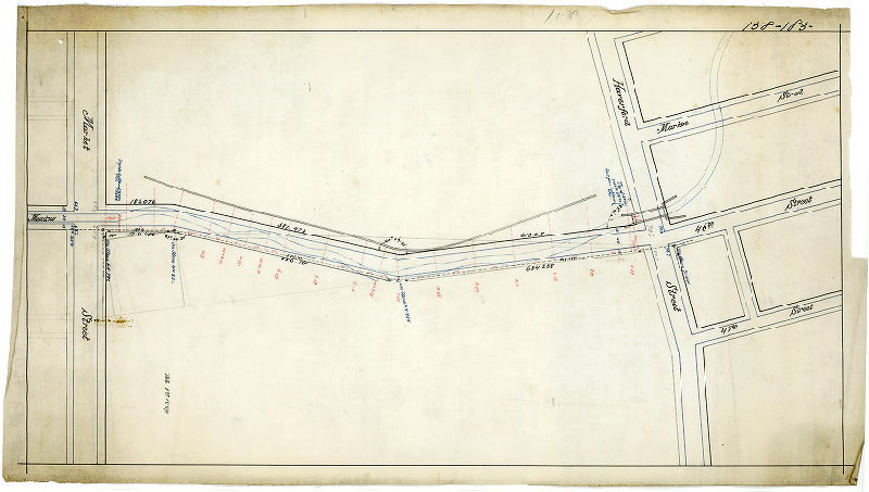 Plan, [No title. Mill Creek between Market Street and Haverford Avenue, through the Pennsylvania Hospital for the Insane, with 46th Street projected over the creek.], 1889