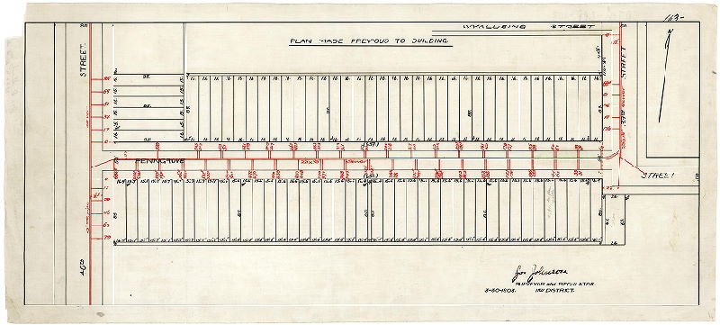 Plan, [No title. Plan of lots with sewer connections on Penngrove (now Pennsgrove) Street between 39th and 40th streets. "Plan made previous to building"], 1903