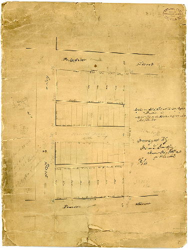 Plan, Surveyed by Sam. L. Smedley, Surv. & Reg. 11th Dist., per Hancock. [On reverse: "Old plan of lots at 41st and Aspen. N-35-C3. Joshua Clendenon, 528 Walnut St., City"] , 1871
