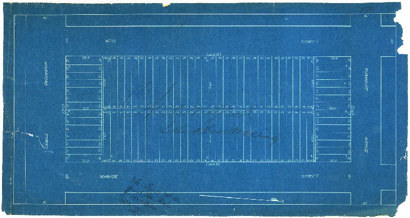 Plan, [No title. One of five plans showing lot and street layouts between 47th and Markoe streets, from Haverford to Fairmount avenues. This ground was underlaid by a curving section of the Mill Creek Sewer (not noted on any of the plans); the pipe passed directly beneath a number of houses.], 1901 ca.