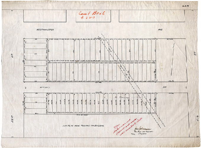Plan, [No title. Plan of lots "made previous to building" on Hoopes Street and Westminster Avenue between 51st and 52nd streets, showing Mill Creek sewer running diagonally under private property.], 1903
