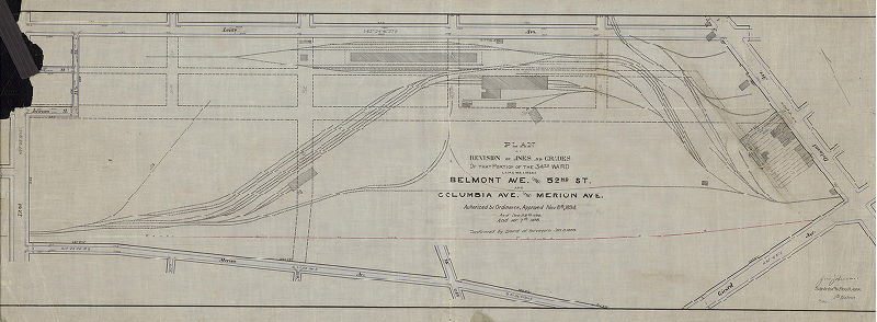 Plan, Plan of revision of lines and grades on that portion of the 34th Ward lying between Belmont Ave. and 52nd St. and Columbia Ave. and Merion Ave. Authorized by ordinance approved Nov. 8th, 1894, and Dec. 28th, 1895, and April 7th, 1898. Confirmed by the Board of Surveyors Jan. 3, 1899. , 1894
