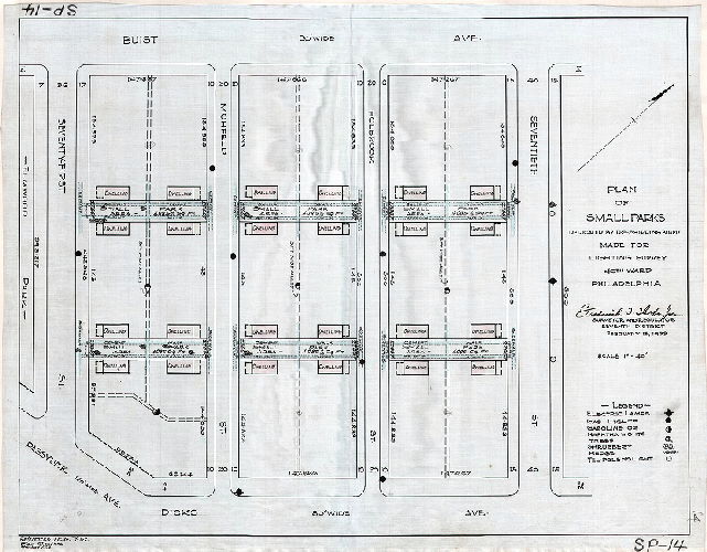 Plan, Plan of small parks dedicated by the U.S. Shipping Board, made for lighting survey, 40th Ward, Philadelphia, 1933