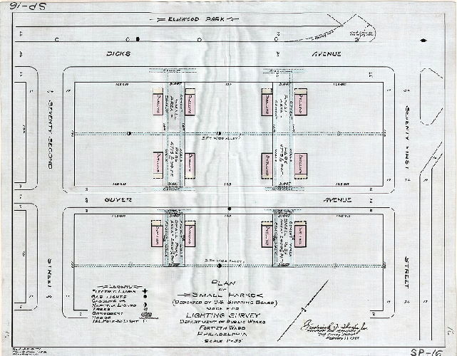 Plan, Plan of small parks (dedicated by U.S. Shipping Board) made for lighting survey, Department of Public Works, Fortieth Ward, Philadelphia, 1933