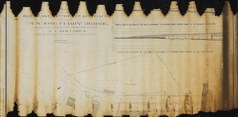Plan, Plan showing the slopes and southeast approach to the Penrose Ferry Bridge, made for the Law Department, Philadelphia., 1899