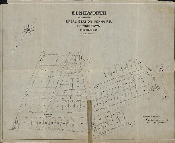 Plan, Kenilworth Residence Sites, Upsal Station Penna. R.R., Germantown, Phila. Feb. 27th, 1901. Lots laid out by the owners. Plan and calculations made by C. A. Sundstrom, Surveyor and Regulator, 8th Dist., 1901