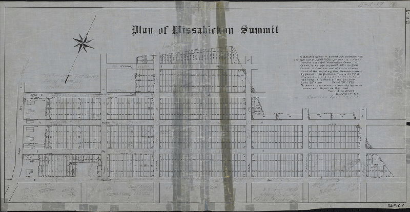 Plan, Plan of Wissahickon Summit. [Promotional text: "…600' from the beautiful Wissahickon Creek...the Switzerland of Eastern Penna. … Most of the land along this stream is owned by people of large means. This is the first chance people of moderate means have had to get a foothold in this Section. Lots 2' x 100. Price $90 - $275. $2 secures a lot. Weekly or monthly payments thereafter. Agent on the land: Samuel Crothers, 1211 Walnut St."] , 1905 ca.