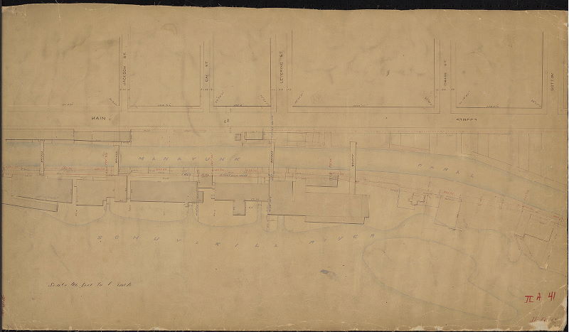 Plan, [No title. Plan of streets and industrial buildings along the Manayunk Canal of the Schuylkill Navigation Co. Manayunk, from above Jackson Street to Cotton Street. This plan is contiguous with SD9TH-II-A-42], 1890 ca.