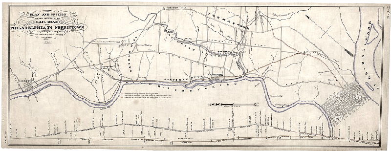 Plan, Plan and section of the two routes of Rail Road from Philadelphia to Norristown. Drawn by Henry R. Campbell and reduced by John C. Trautwine. , 1832 ca.