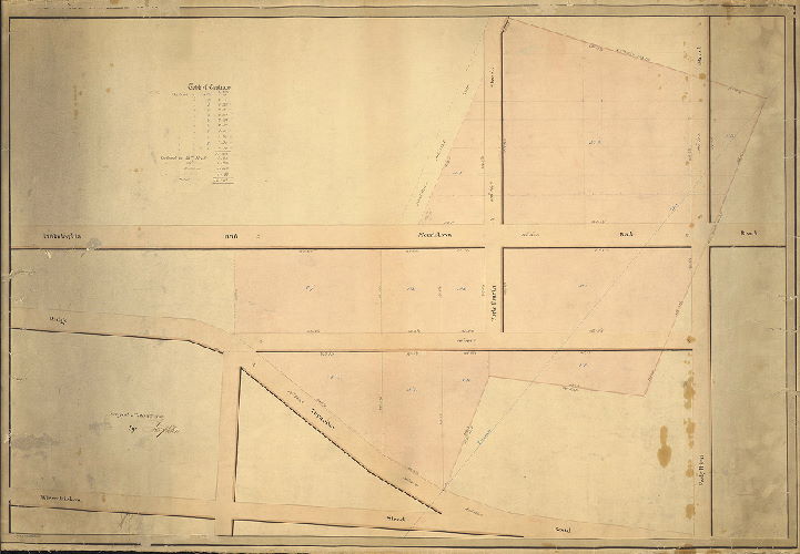 Plan, Surveyed 5th Mo 8th 1849 by Joseph Fox [On reverse: "Property plan 569. Filed 1487, 1488, 1489, 1493"], 1849